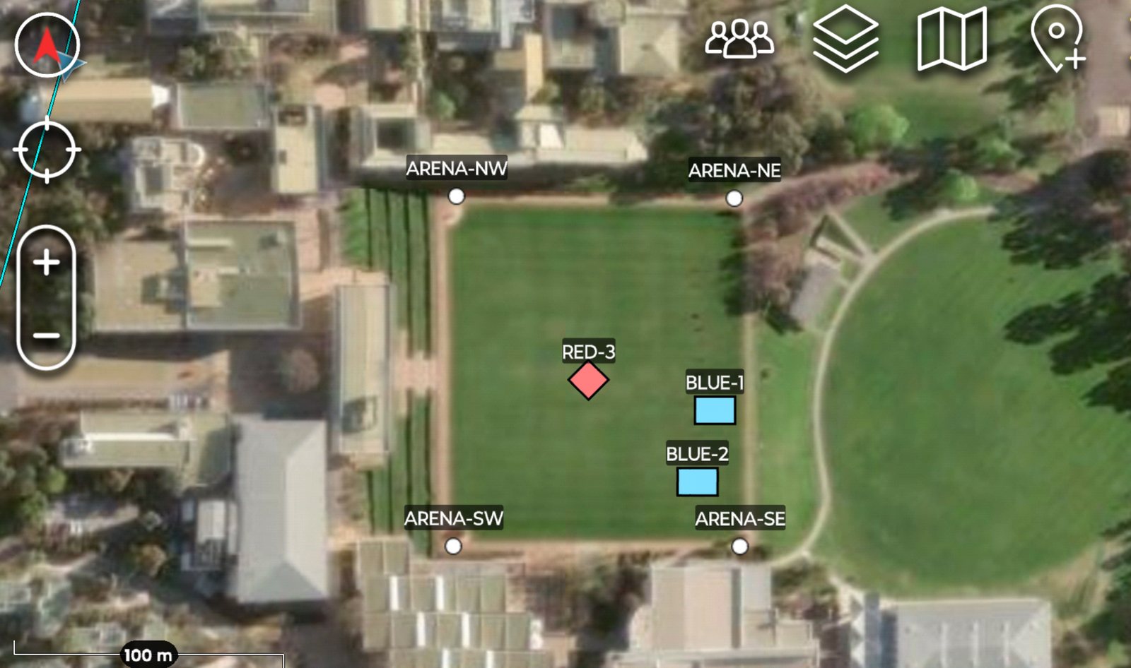 ATAK on a phone: the arena's corners and three units placed on a parade ground.