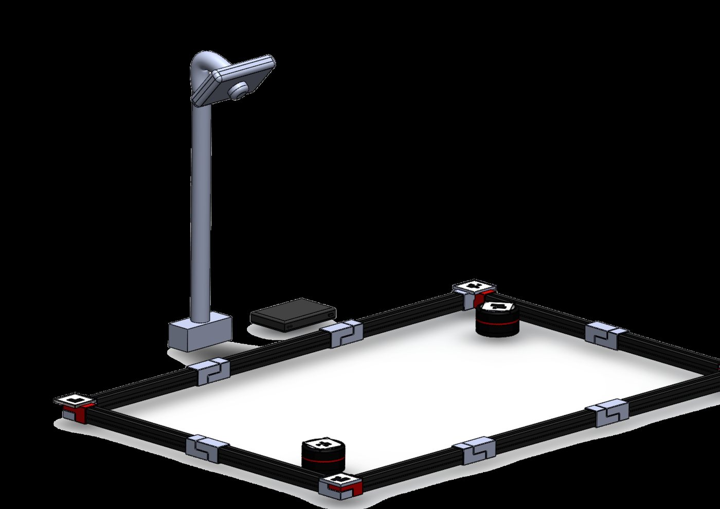 Render of the second platform: a rectangular arena framed by rails, with a camera on a post at one end.